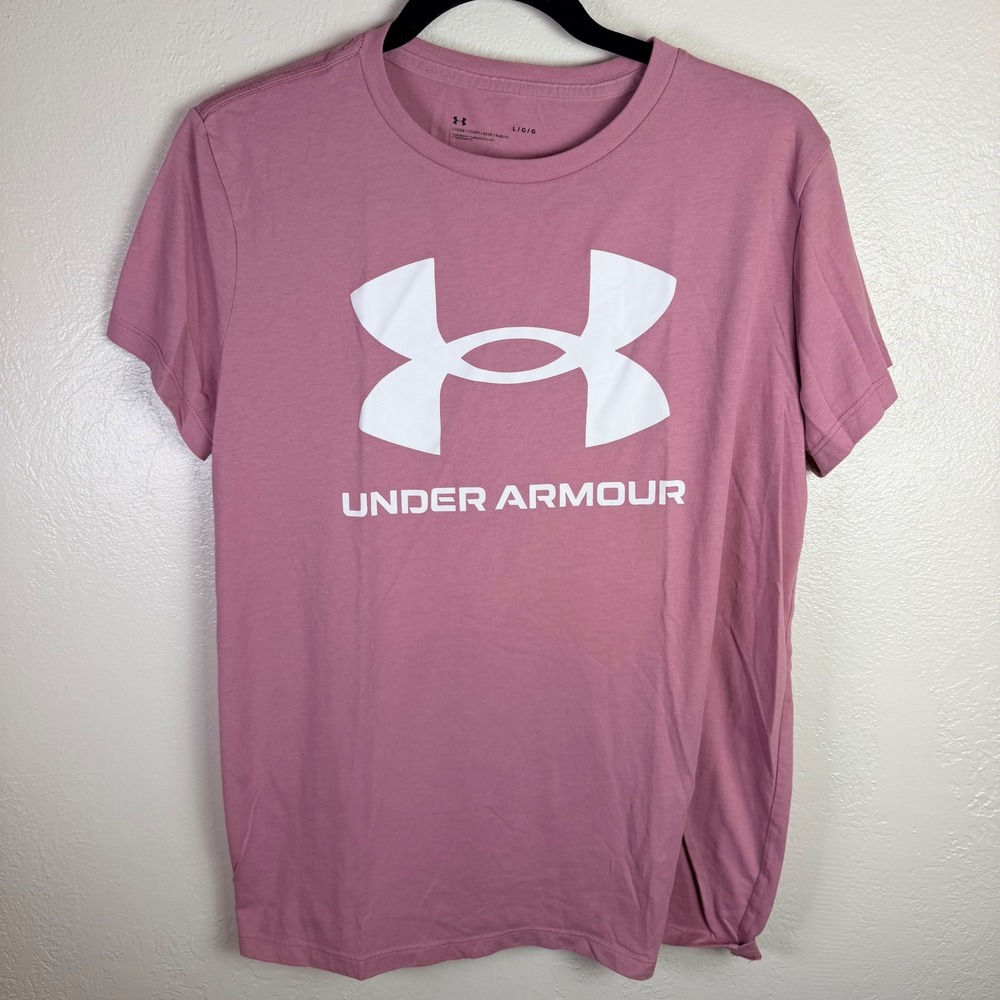 Under Armour Womens L Loose Fit Graphic T-Shirt Pink Short Sleeve Tee Athletic